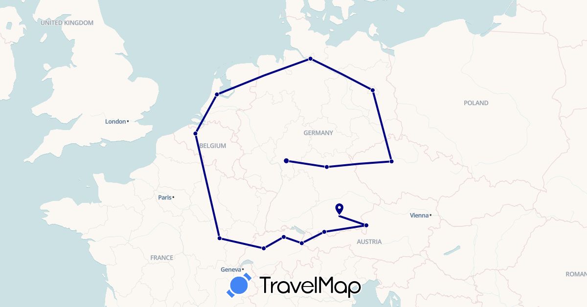 TravelMap itinerary: driving in Austria, Belgium, Switzerland, Czech Republic, Germany, France, Liechtenstein, Netherlands (Europe)